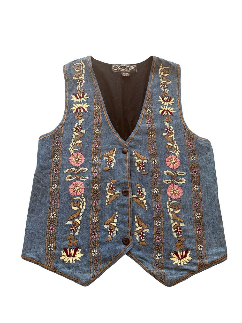 Vintage Agapo Embroidered Floral Denim Vest Size Small 90s Boho Western